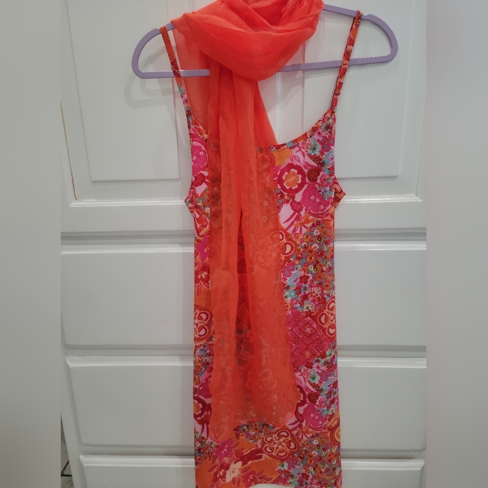 Strapped orange red floral dress 👗
